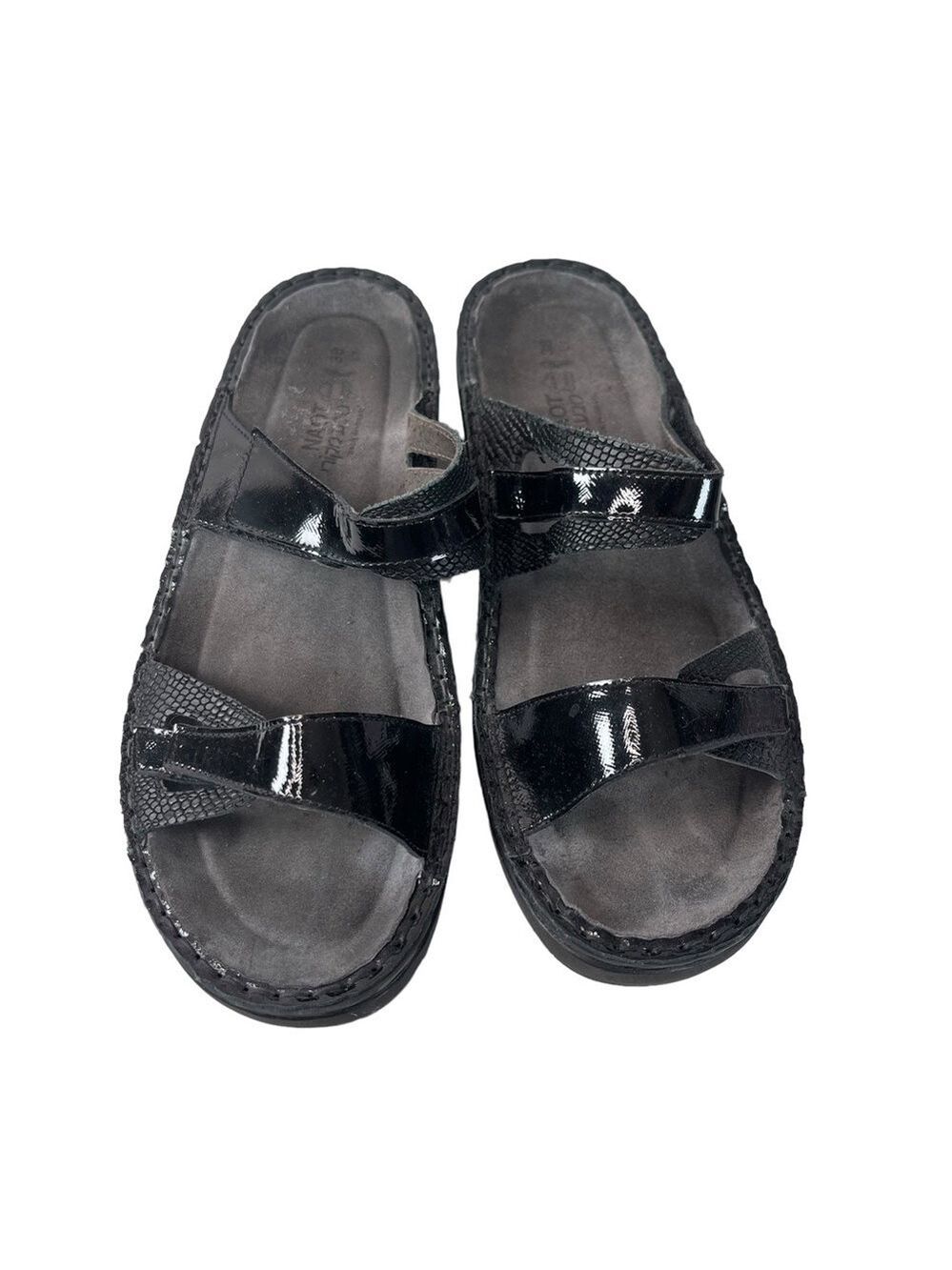 Naot Patent Leather Sandals 38 7 Black Comfort Walking Double Strap Slides